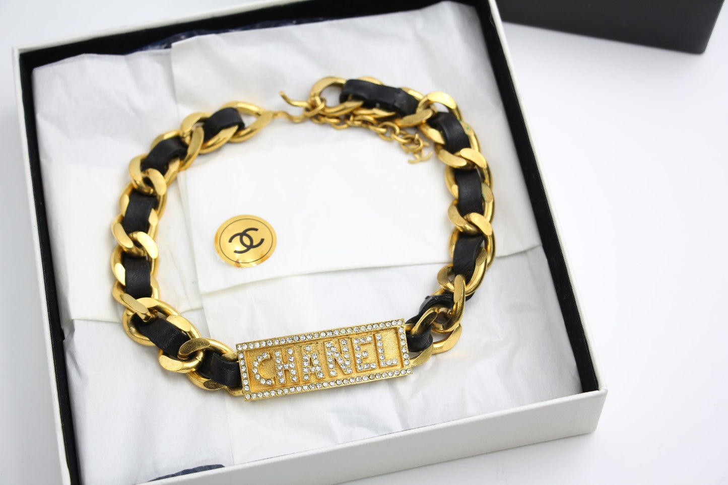 Chanel Vintage 95P Black Gold Leather Chain Gold Plated Necklace