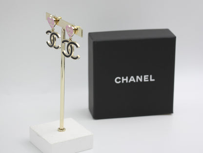 Chanel 24A Metal Pink Heart X Black Cc Dangle Earrings