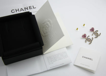 Chanel 24A Metal Pink Heart X Black Cc Dangle Earrings