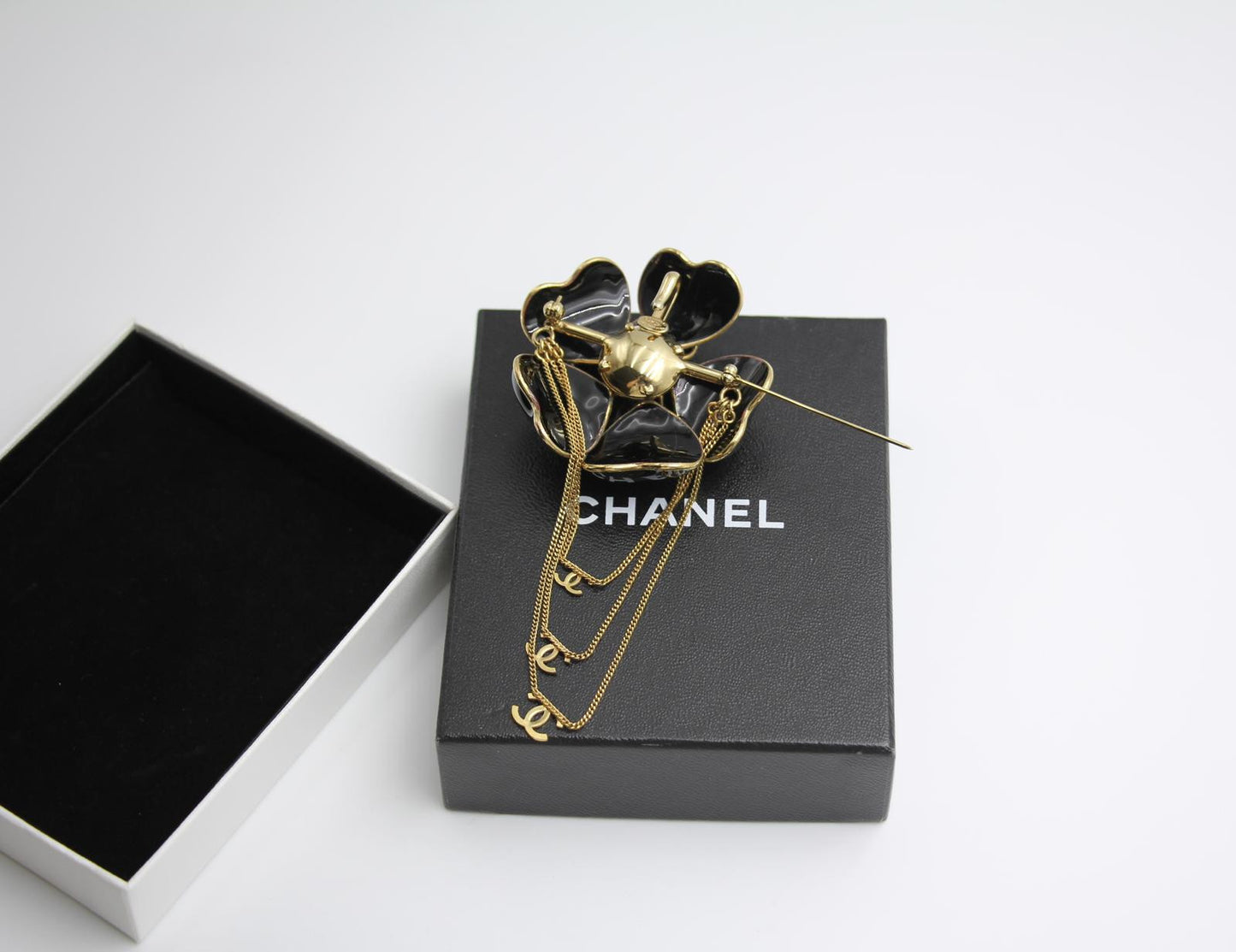 Chanel Vintage 02A Imitation Pearl Black Camellia Three Cc Brooch