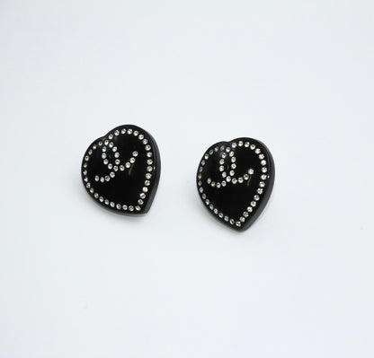 Chanel Vintage 09C Rhinestone Resin Black Heart Cc Earrings