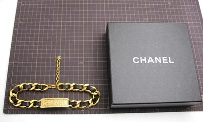 Chanel Vintage 95P Black Gold Leather Chain Gold Plated Necklace