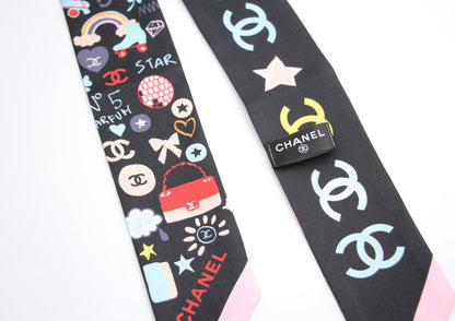 Chanel 100 Silk Twilly Cc Mark Scarf In Black