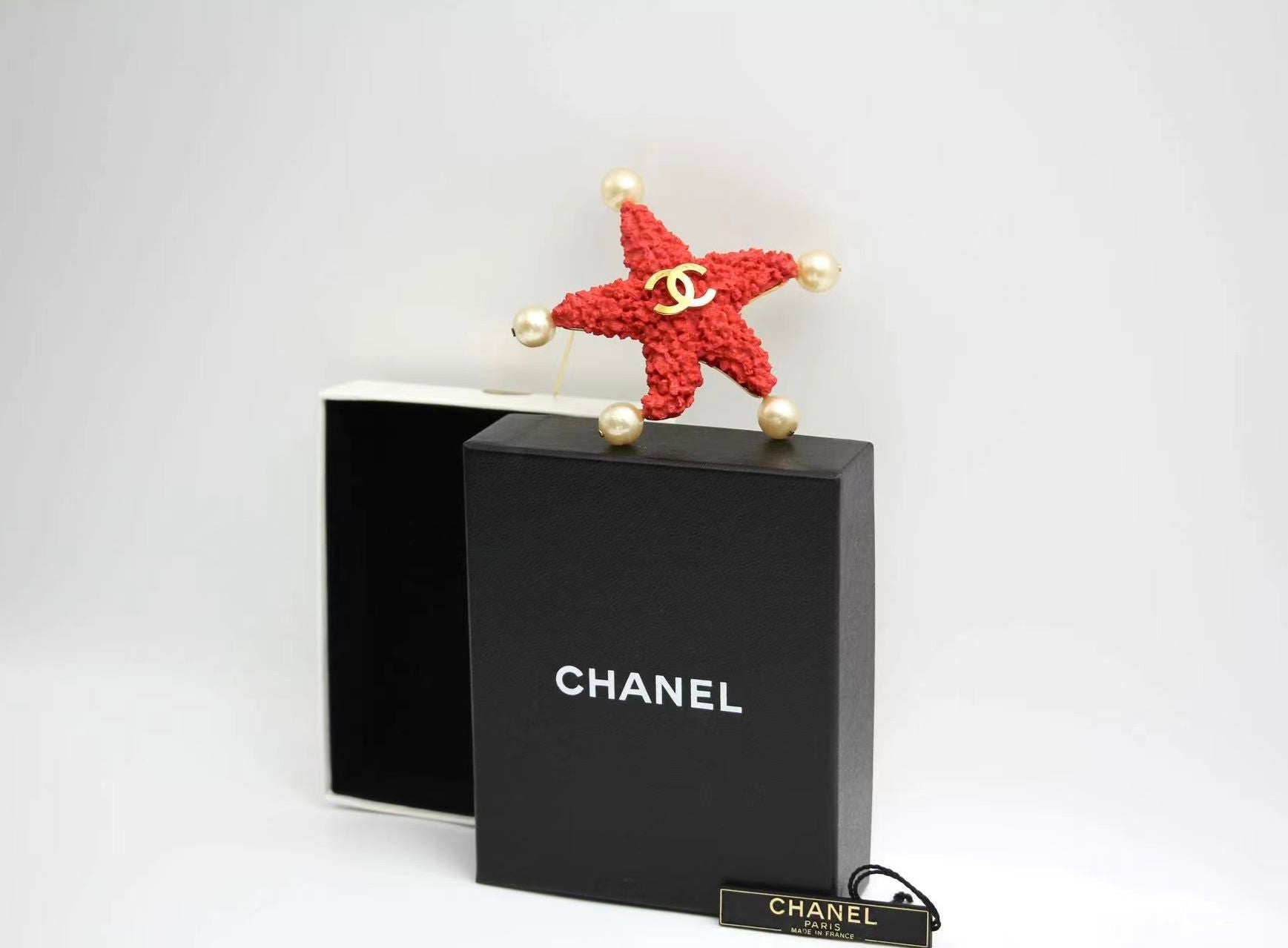 Chanel Vintage 93C Red Lava Imitation Pearls Gold Plated Brass Cc