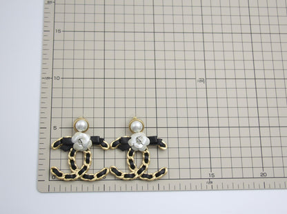 Chanel 20A Metal Leather Bow Camellia Earrings