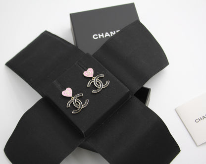 Chanel 24A Metal Pink Heart X Black Cc Dangle Earrings