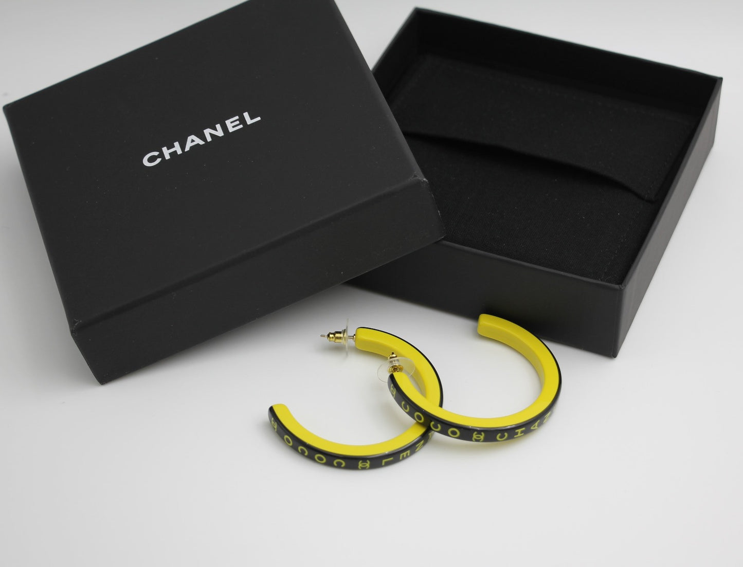 Chanel 22S Resin Banana Yellow English Word Hoop Large Earrings