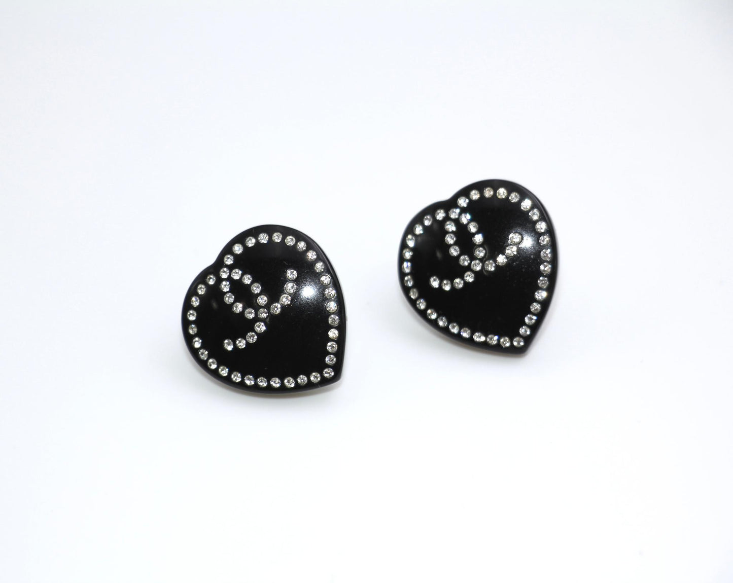 Chanel Vintage 09C Rhinestone Resin Black Heart Cc Earrings