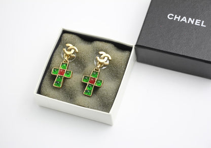 Chanel Vintage 02P Green And Red Glass Gold-Plated Cross Earrings 1