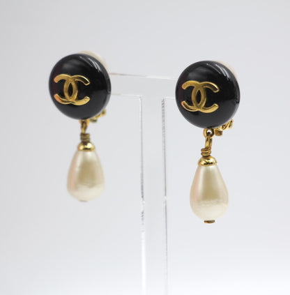 Chanel Vintage 95P Resin Black Bean Imitation Pearl Earrings