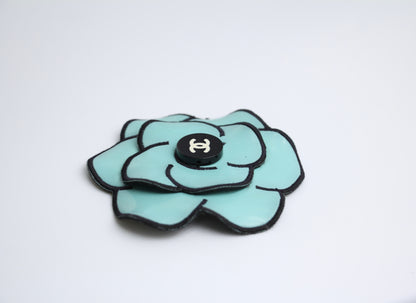 Chanel Vintage 95 Light Blue Embroidered Camellia Brooch