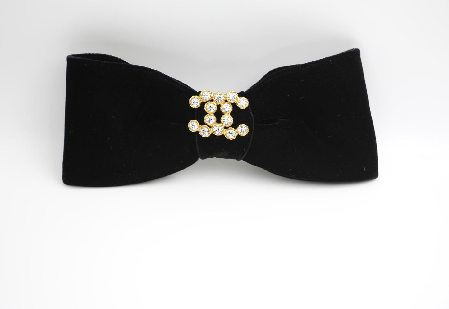 Chanel Vintage 81 85 Years Black Velvet Rhinestone Gold Plated Cc Bow Hairpin