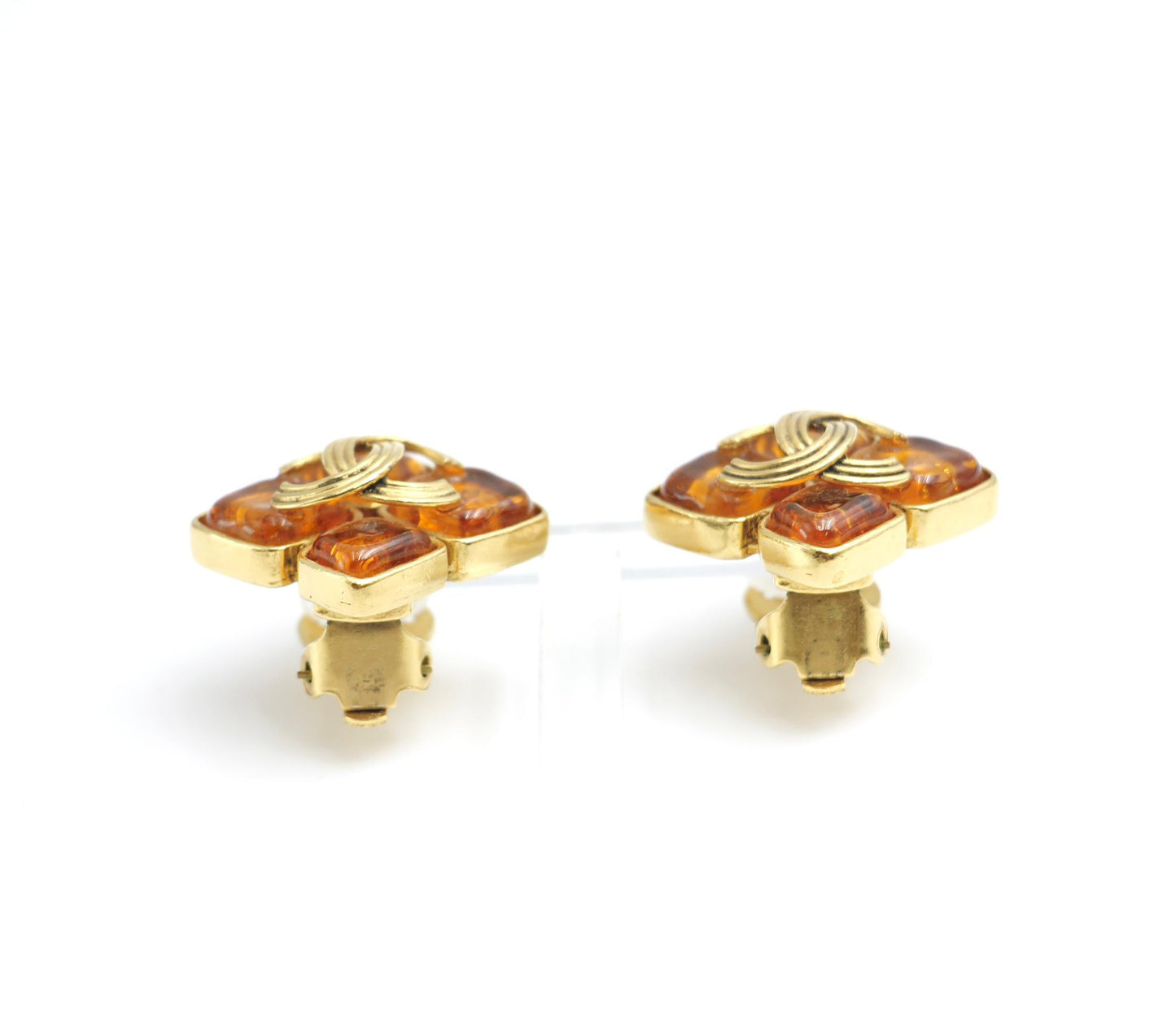 Chanel Vintage 94A Orange Glass Gold-Plated Rhombus Cc Earrings