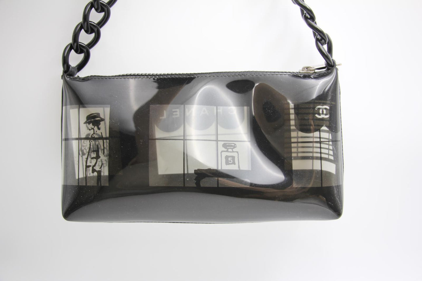 Chanel 2003 Coco Window Chain Black Vinyl Pouch