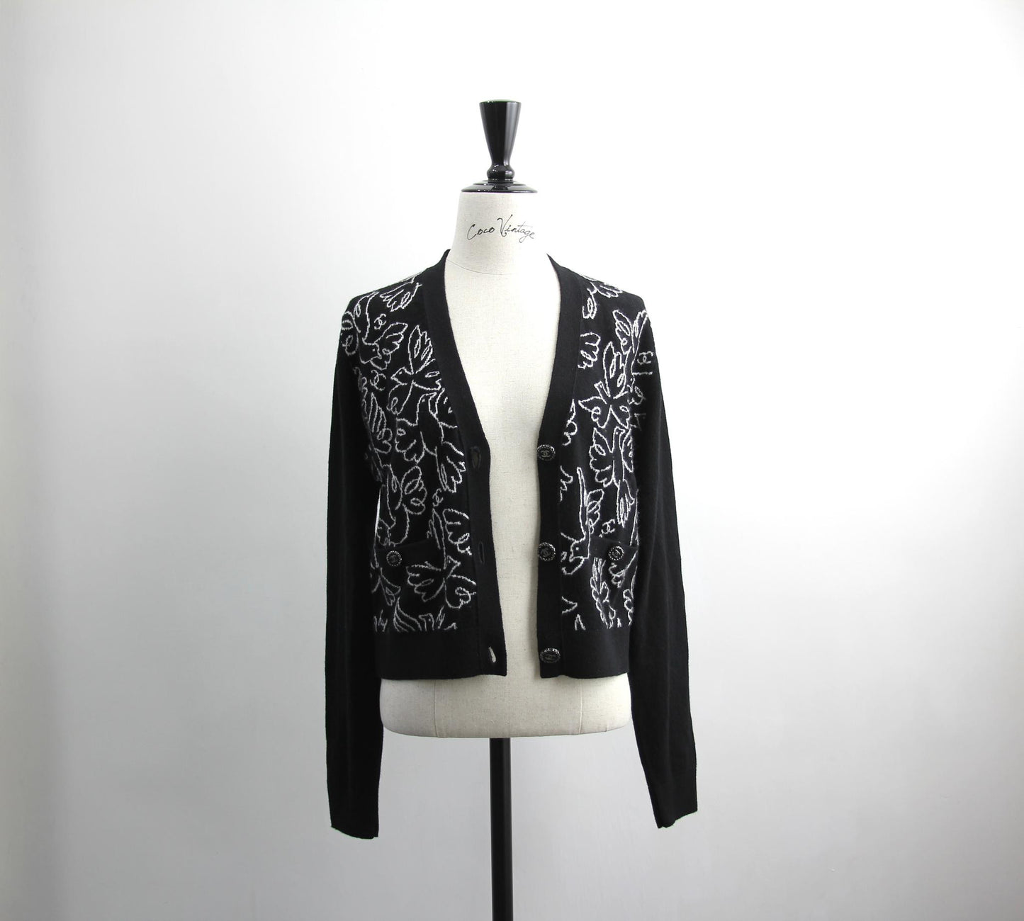 Chanel Cashmere 99 Black X White Floral Bird Coat