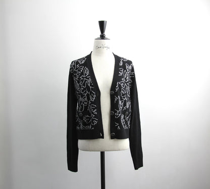 Chanel Cashmere 99 Black X White Floral Bird Coat