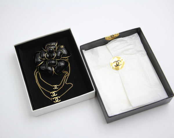 Chanel Vintage 02A Imitation Pearl Black Camellia Three Cc Brooch