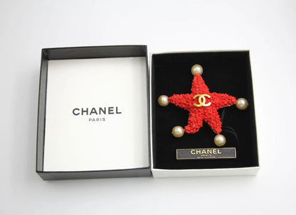 Chanel Vintage 93C Red Lava Imitation Pearls Gold Plated Brass Cc Starfish Brooc