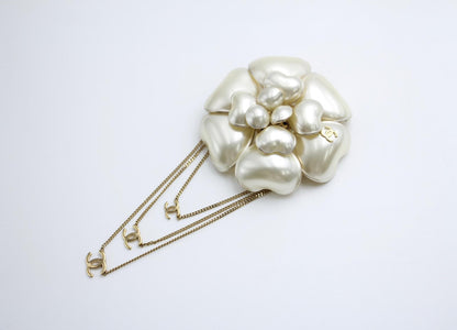 Chanel Vintage 02A Imitation Pearl White Camellia Three Cc Brooch