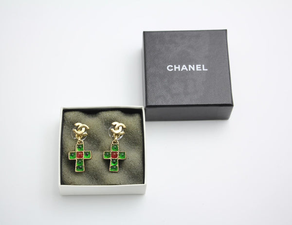 Chanel Vintage 02P Green And Red Glass Gold-Plated Cross Earrings