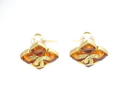 Chanel Vintage 94A Orange Glass Gold-Plated Rhombus Cc Earrings