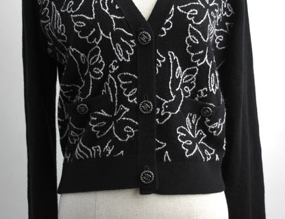 Chanel Cashmere 99 Black X White Floral Bird Coat