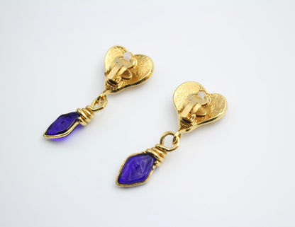 Chanel Vintage 95P Blue Gripoix Gold Plated Heart Clip On Earrings