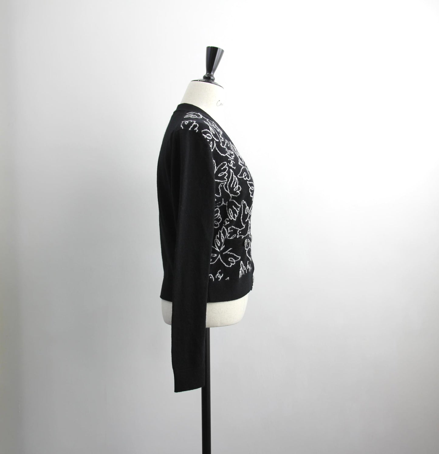 Chanel Cashmere 99 Black X White Floral Bird Coat