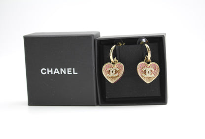 Chanel 23P Rhinestone Peach Pink Double-Sided Love Pendant Earrings