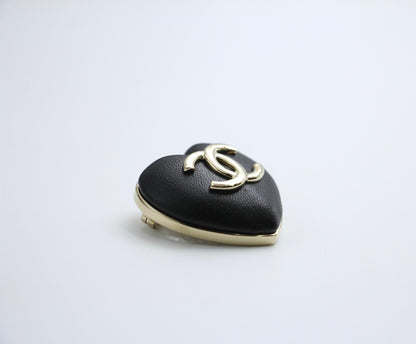 Chanel Vintage 22K Light Gold Metal And Black Leather Heart Brooch