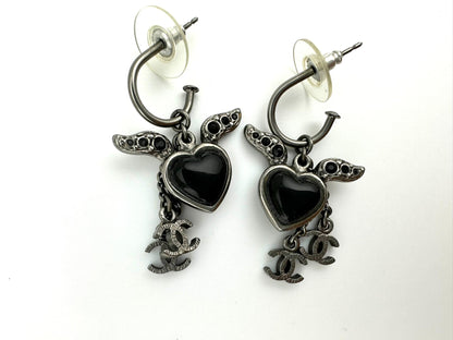 Chanel Vintage 09C Rhinestone Black Heart Angel Wing Earrings