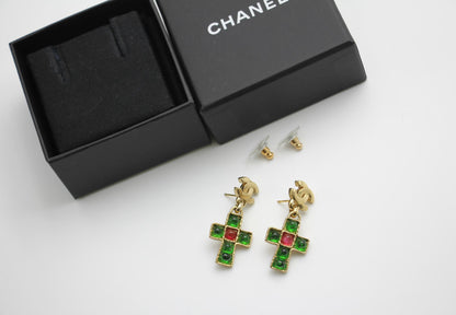 Chanel Vintage 02P Green And Red Glass Gold-Plated Cross Earrings