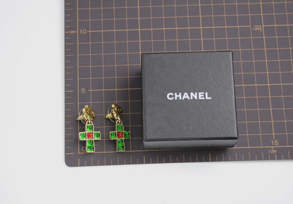 Chanel Vintage 02P Green And Red Glass Gold-Plated Cross Earrings 1