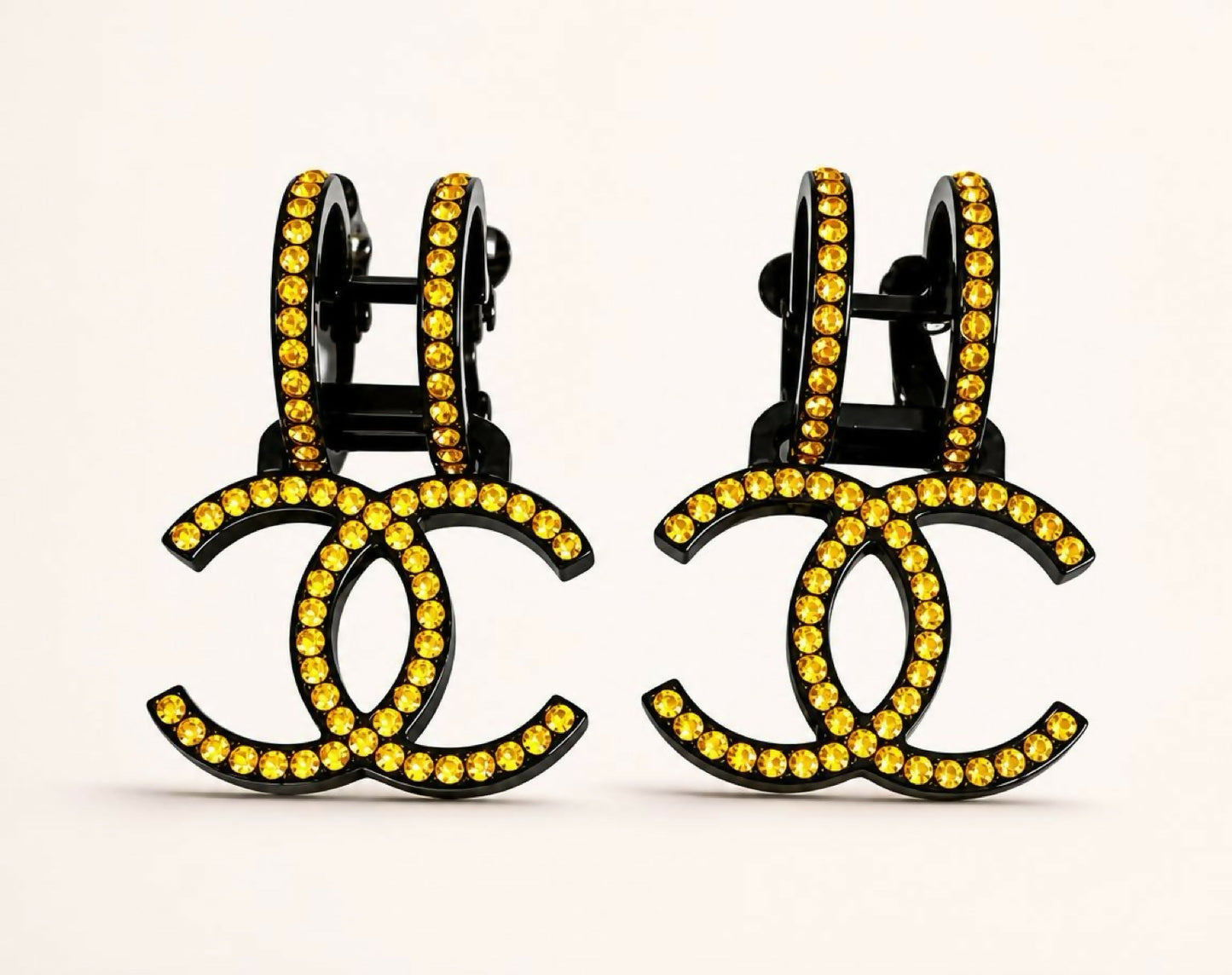 Chanel 17S Runway Yellow Crystal Oversized CC Clip On Statement Earrings