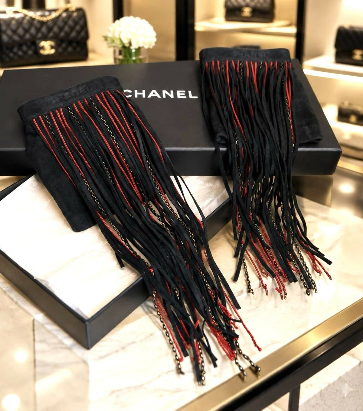 Rare Chanel 14A Paris Dallas Fingerless Fringe Chain Statement Gloves