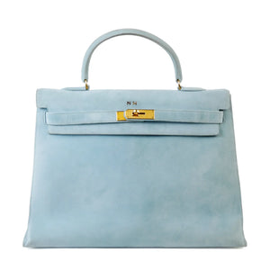 Vintage Hermes kelly 35 Baby blue doblis suede leather gold hardware