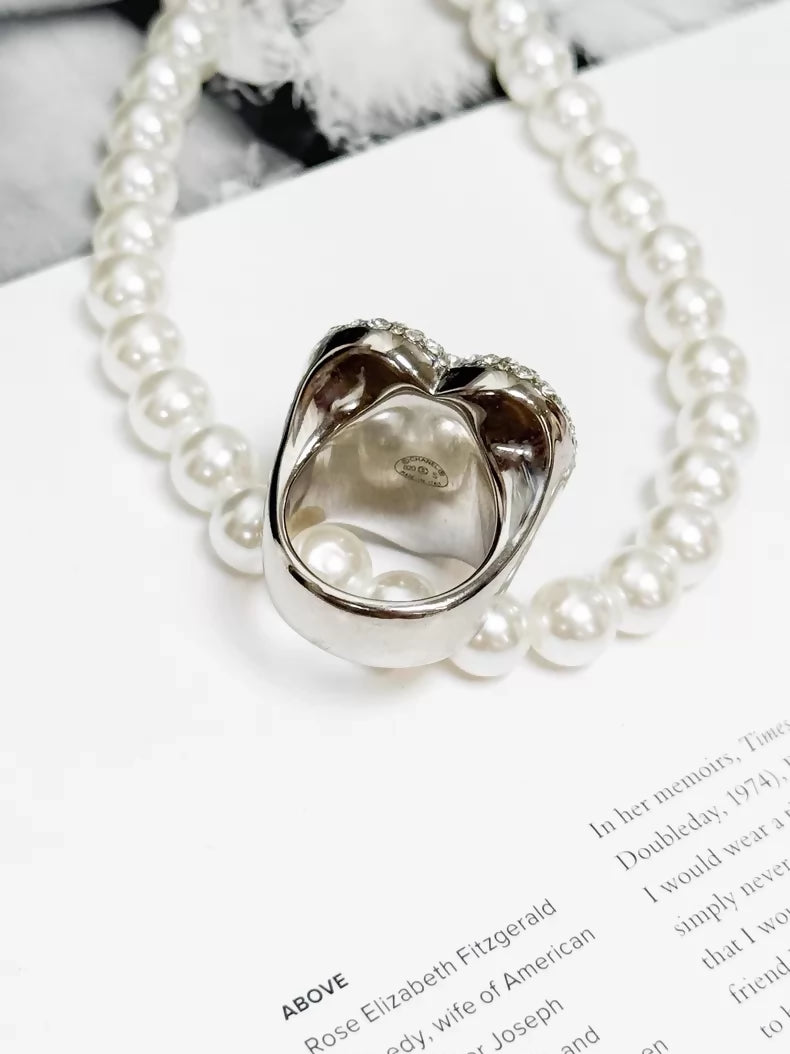 Chanel Spring/Summer 2020 silver fully diamond-encrusted ring with gold double C logo