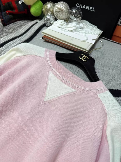 Chanel 24C pink and white cashmere knit dress with double C sequined logo badge