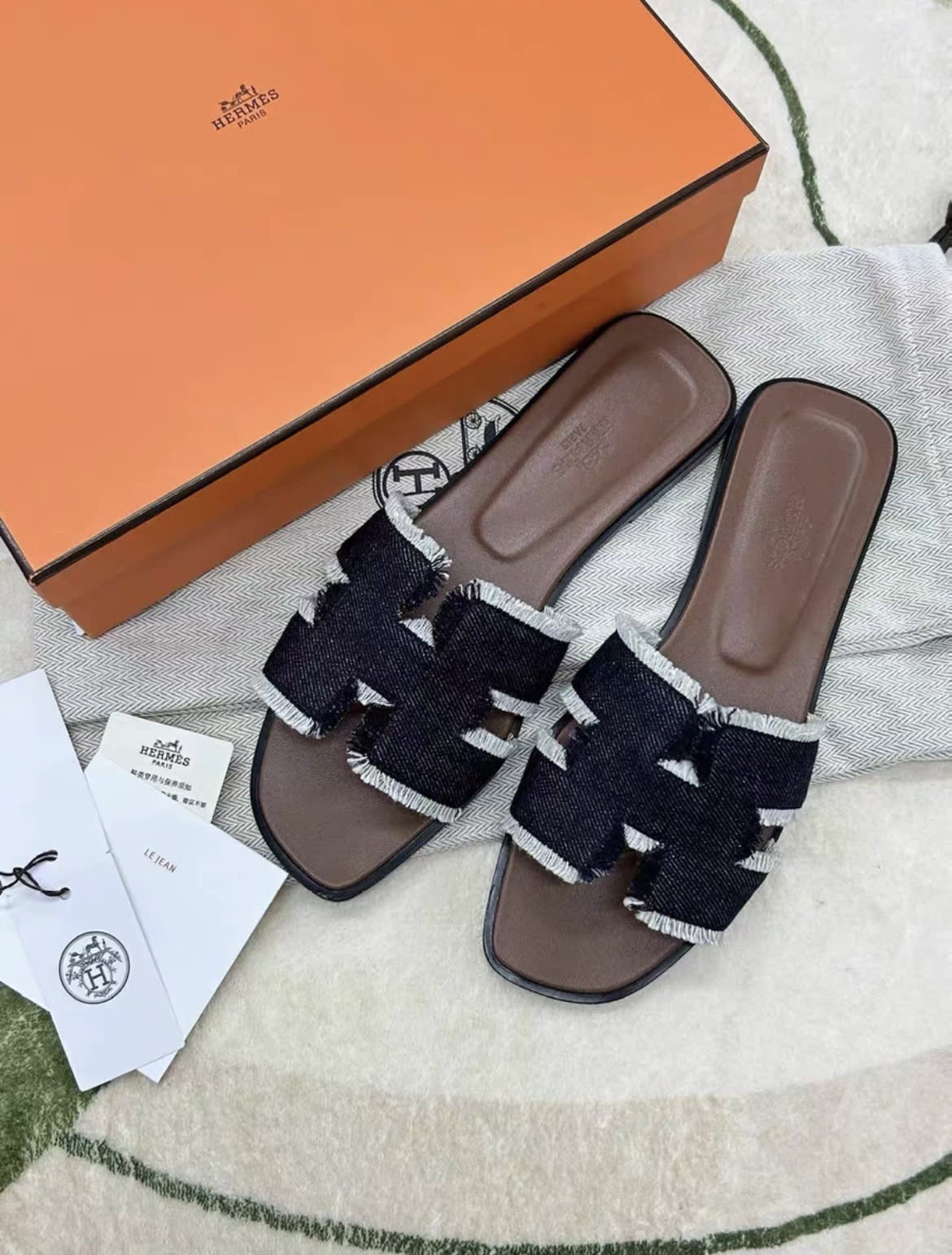 Hermès Hermes brut Blue Denim Oran sandals with Fringes - 38 Shoes - Used fashion item from Wararni