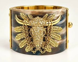 Vintage Roberto Cavalli Brown Western BullHead Chain Bracelet Cuff