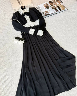 Chanel 16A Black Lace Panel Pleated Maxi Dress