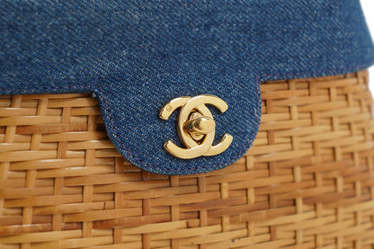 Chanel Wicker Basket Bag With Denim Flap Bucket