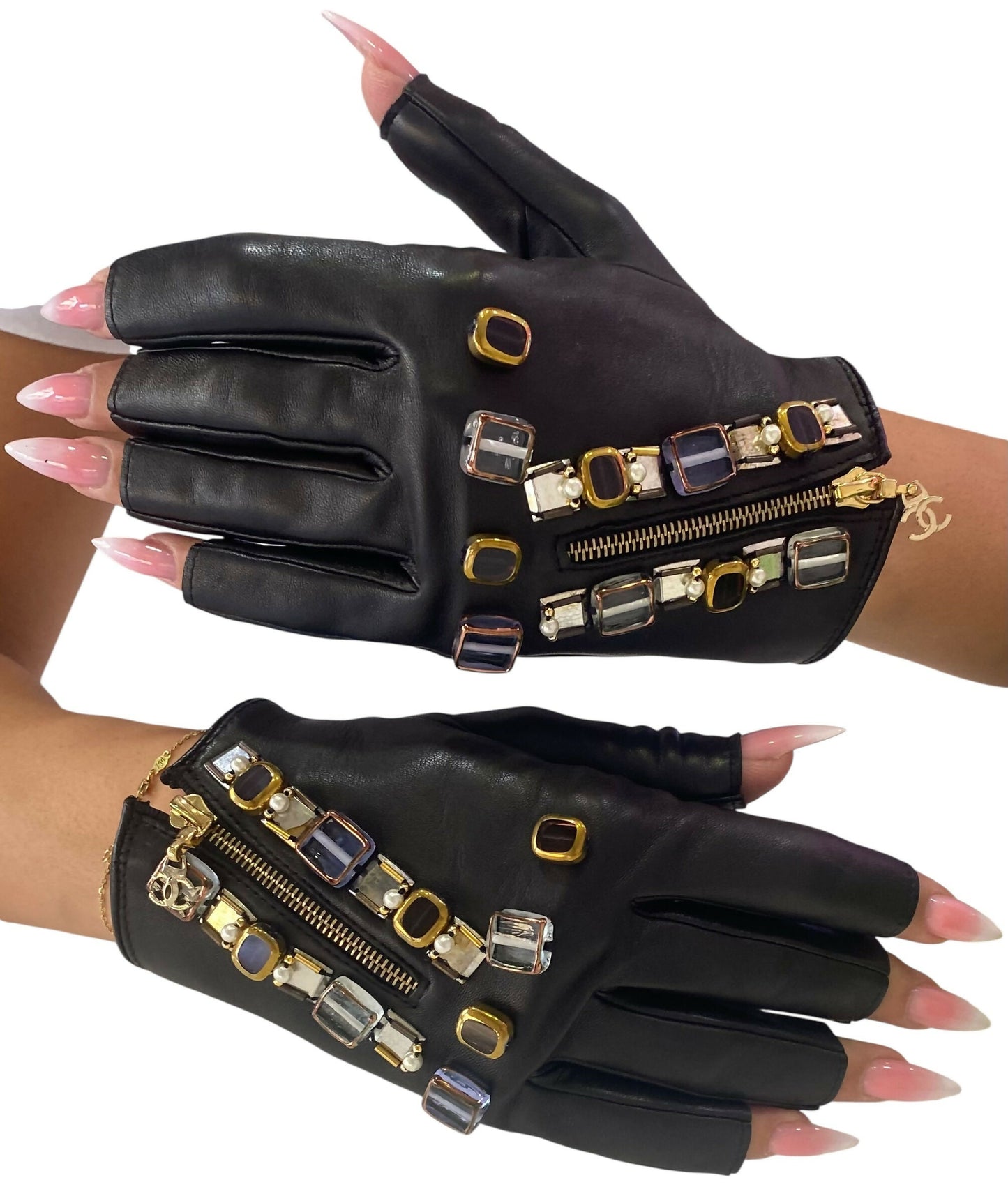 RARE New Chanel 11A Paris Byzance Black Leather Stones Gloves Size 7