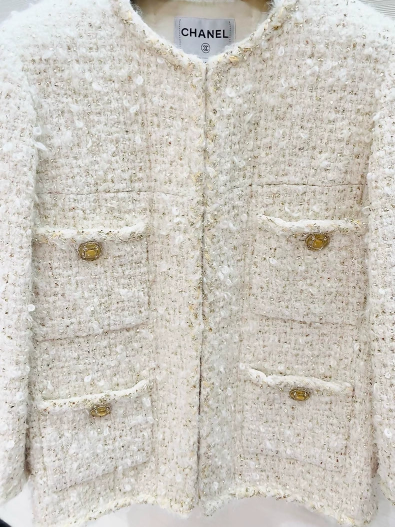 Chanel 19A white ecru & gold tweed jacket