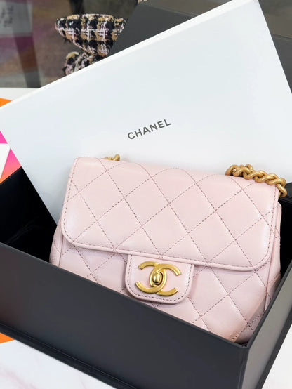 Chanel 23s double chain pink gold quilted leather gold hardware shoulder bag