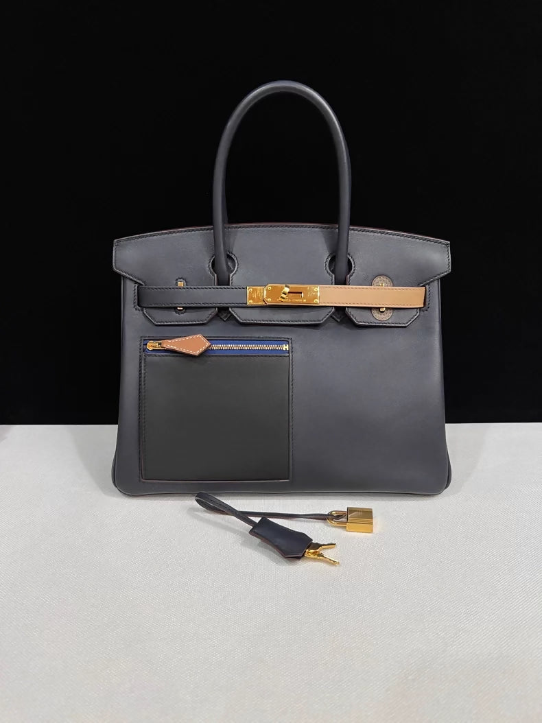 Hermes Birkin 30 Colormatic Blue/Black/Chai/Etoupe grey/Gold Swift leather Silver hardware