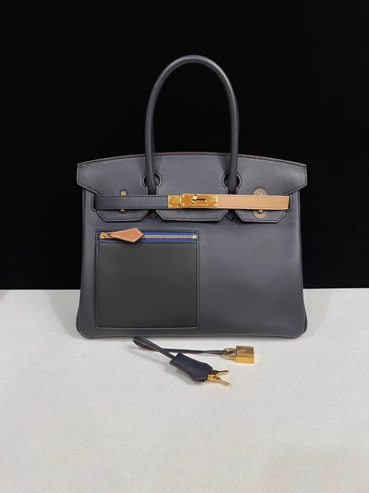Hermes Birkin 30 Colormatic Blue/Black/Chai/Etoupe grey/Gold Swift leather Silver hardware
