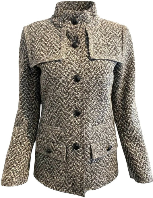 Chanel 08A Grey Herringbone Wool Utility Coat Jacket FR 38