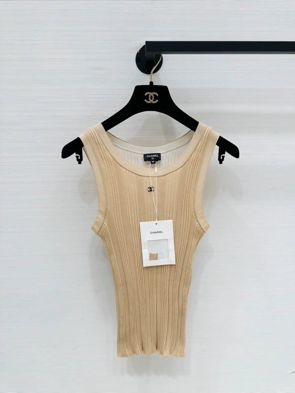 Chanel Coco Beach Classic Striped Knit Vest, size F34 beige