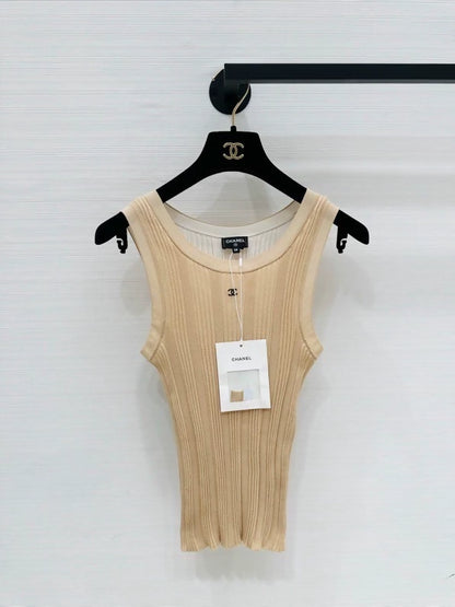 Chanel Coco Beach Classic Striped Knit Vest, size F34 beige